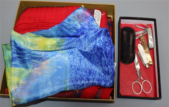 A Hermes cashmere printed (CWNY museum design) scarf, an Asprey gold pen knife etc. (6 items)